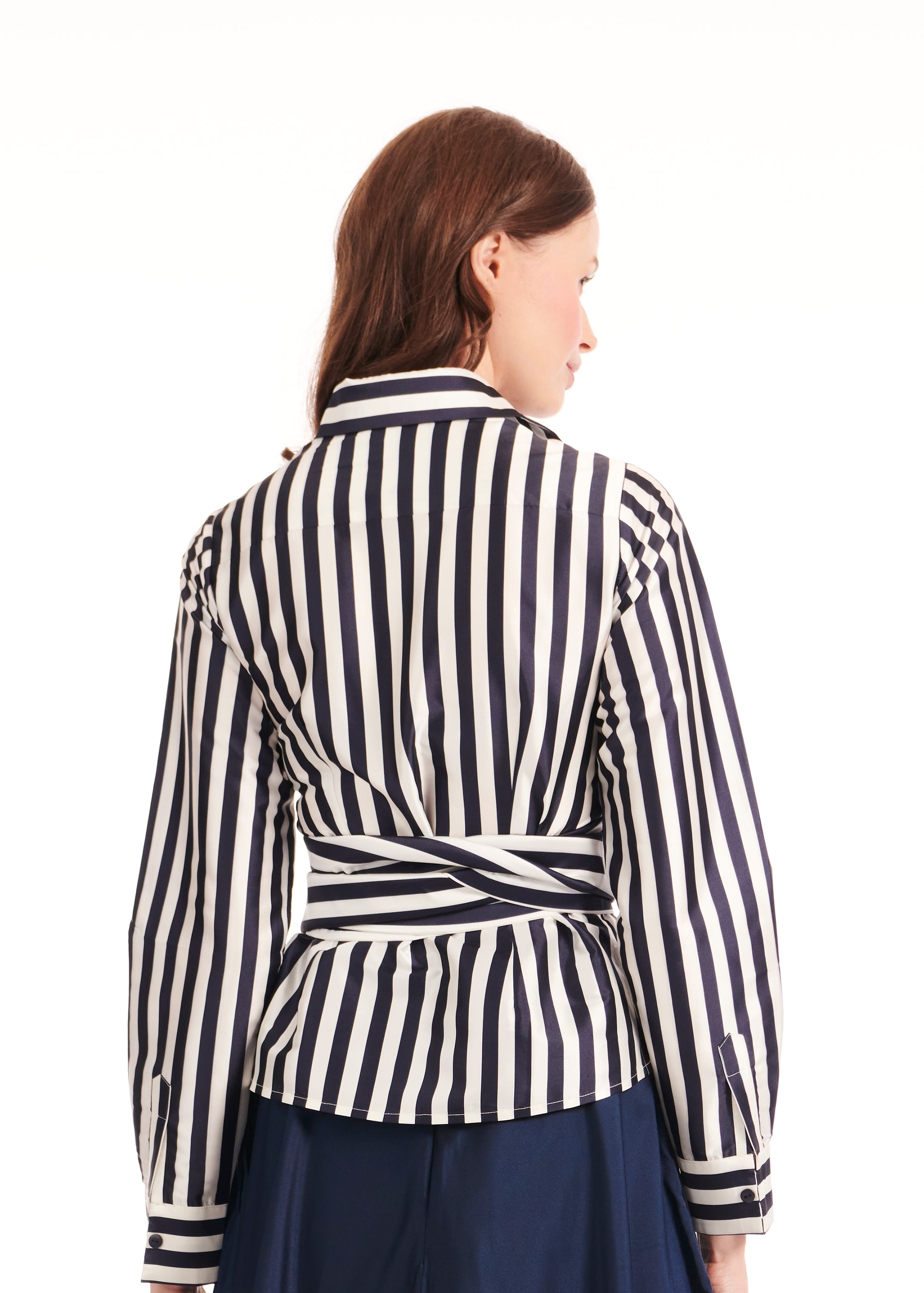 STRIPED TAFFETA DOUBLE WRAP SHIRT NAVY