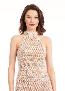 PEARL MACRAME MOCK NECK TOP