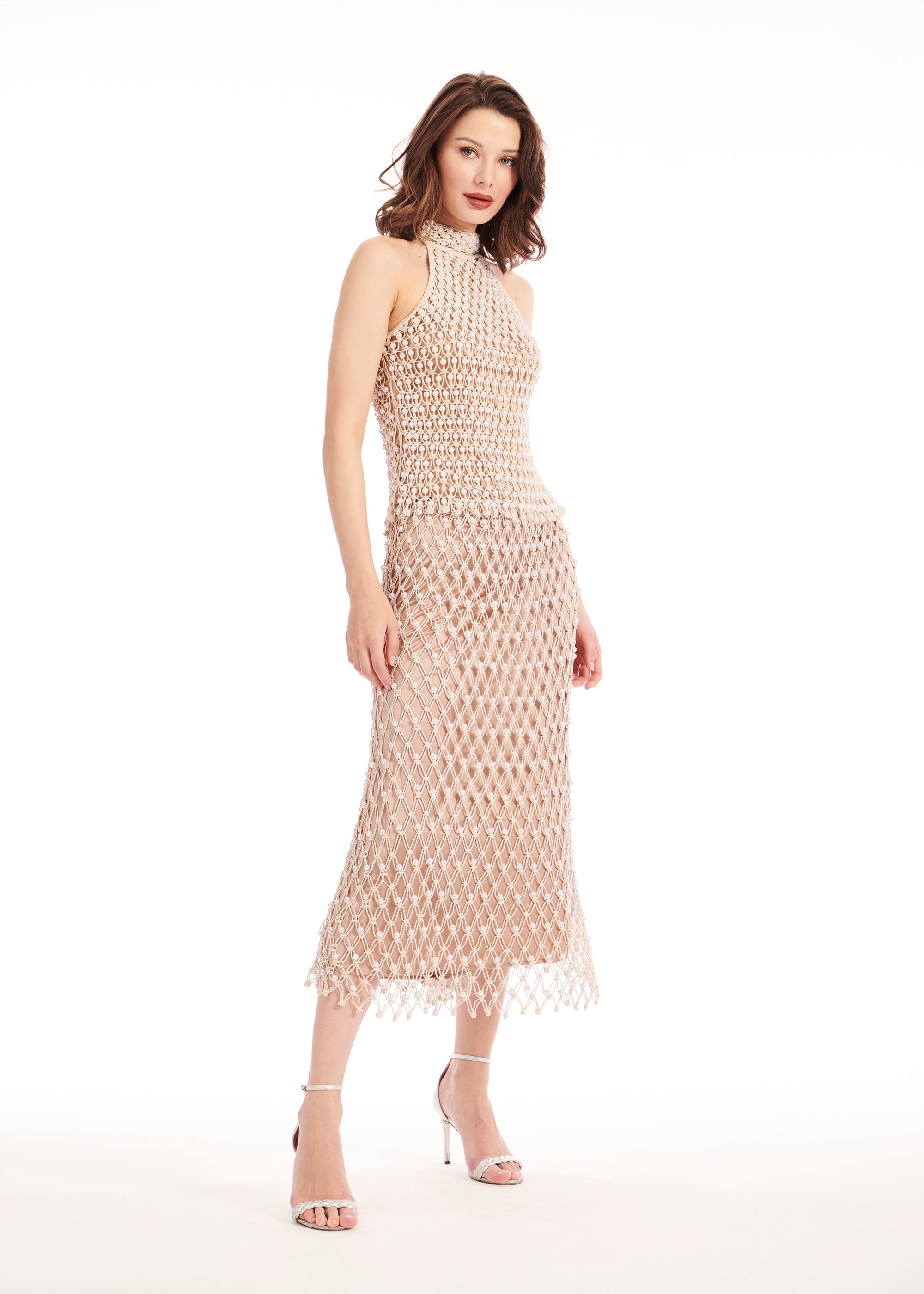 PEARL MACRAME MOCK NECK TOP