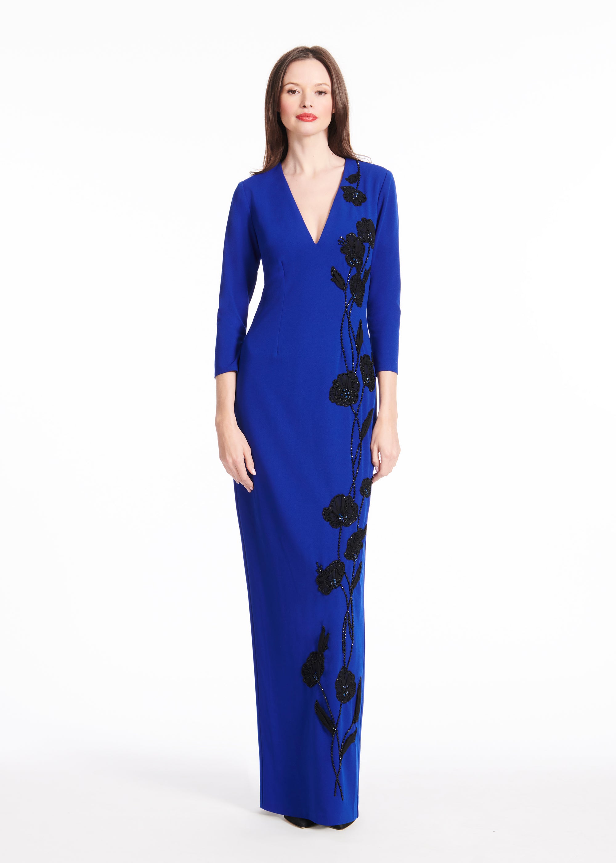 STRETCH CREPE VNECK GOWN WITH APPLIQUE FLOWERS ROYAL