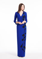 STRETCH CREPE VNECK GOWN WITH APPLIQUE FLOWERS ROYAL