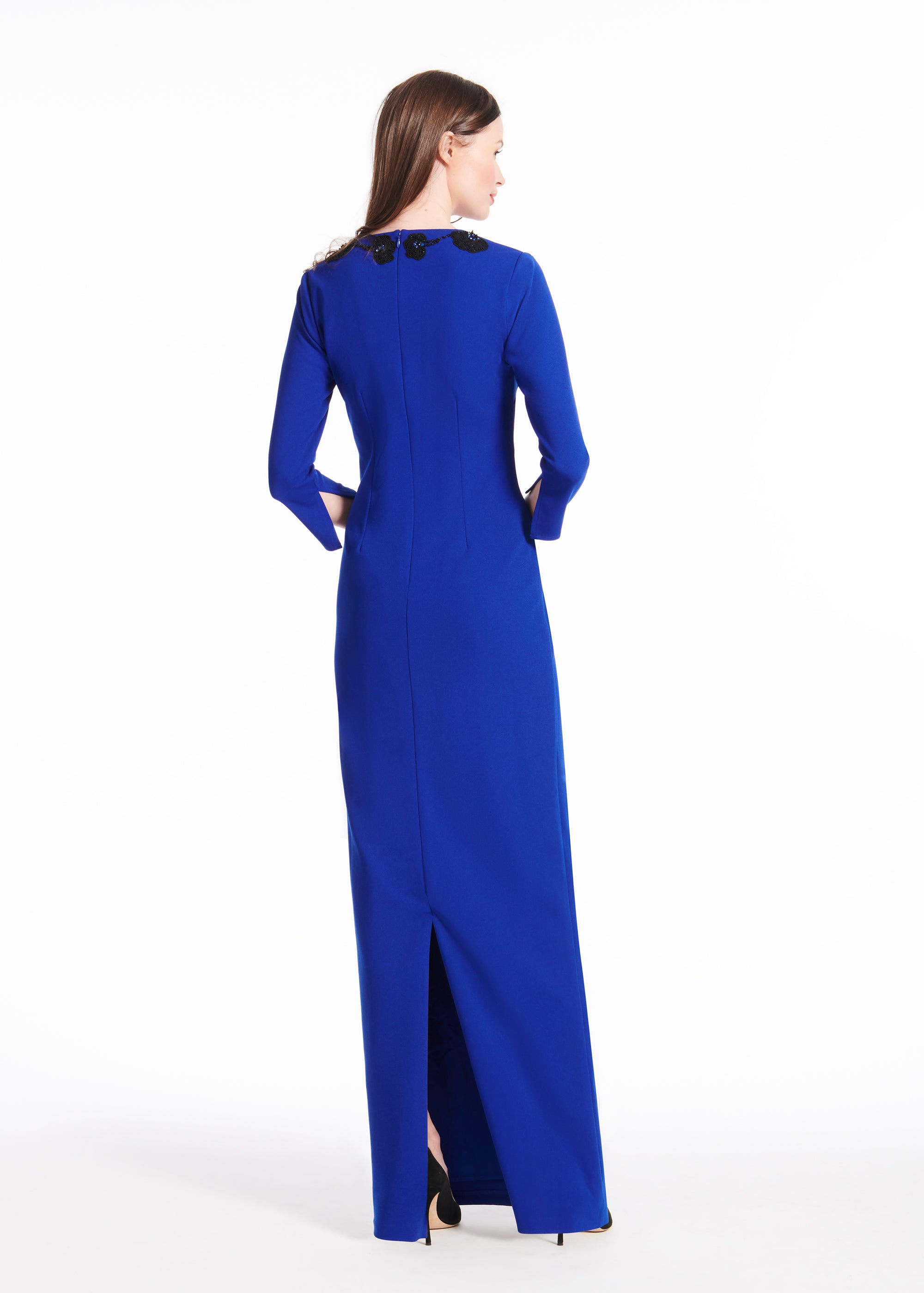 STRETCH CREPE VNECK GOWN WITH APPLIQUE FLOWERS ROYAL