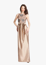 SEQUINED LACE GOWN WITH TAFFETA SKIRT SUNTAN