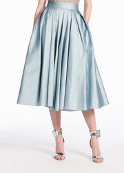 TEA LENGTH PLEATED SOFT TAFFETA MIDI SKIRT LIGHT BLUE