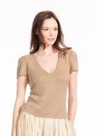 Stretch Pearl Beaded V-Neck Top Champagne