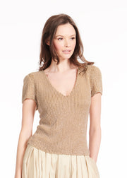 Stretch Pearl Beaded V-Neck Top Champagne