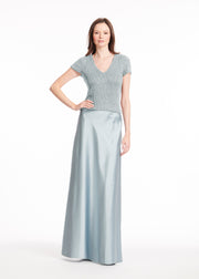 STRETCH PEARL V-NECK BEADED TOP LIGHT BLUE
