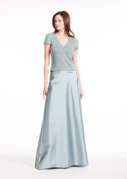 STRETCH PEARL V-NECK BEADED TOP LIGHT BLUE