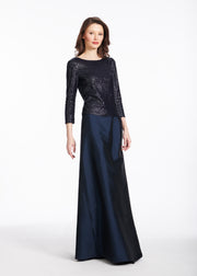 STRETCH SEQUIN 3/4 SLEEVE BALLET NECK TOP NAVY
