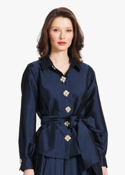TAFFETA BLOUSE WITH RENAISSANCE PEARL BUTTONS NAVY
