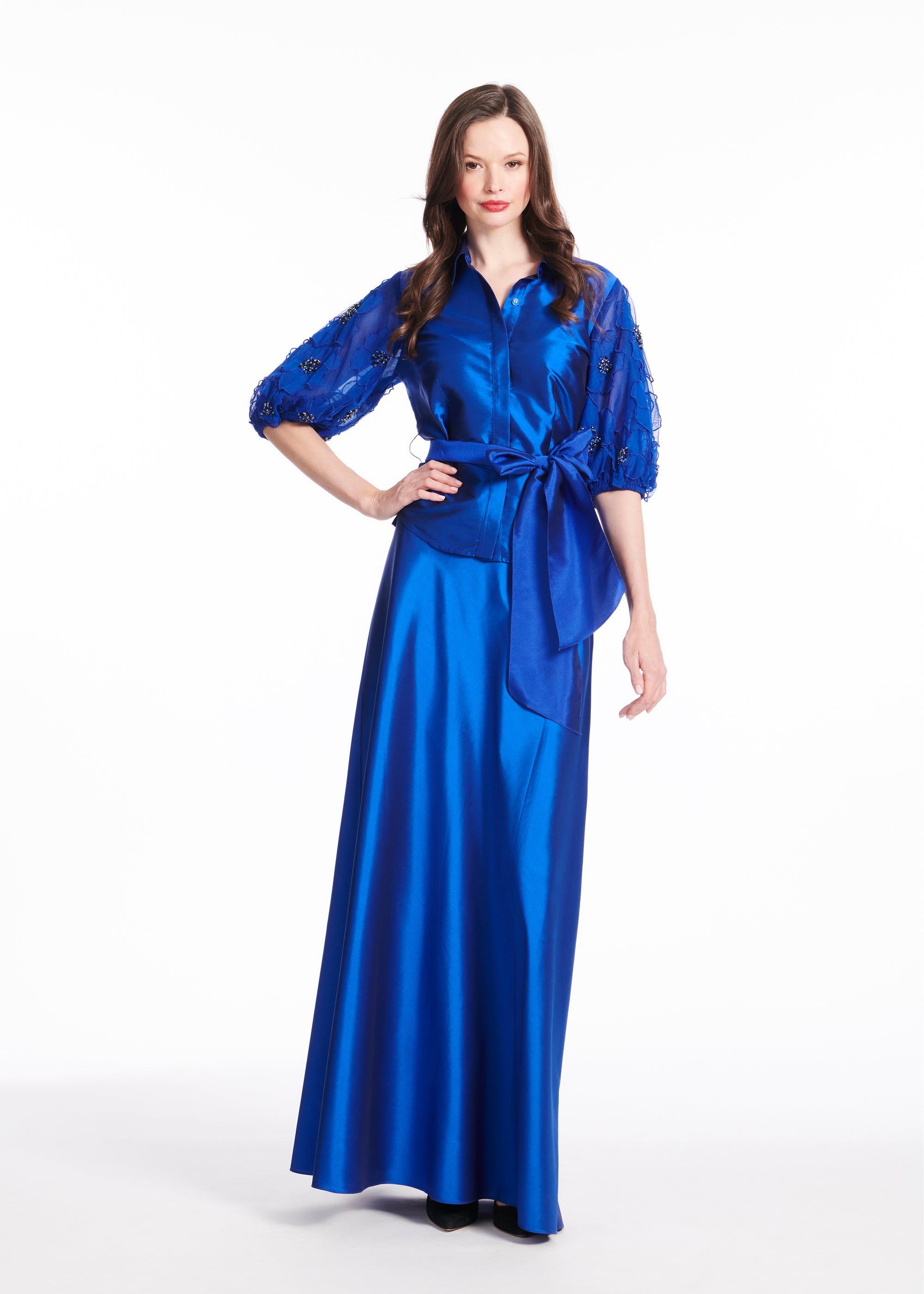TAFFETA BLOUSE WITH DELICATE FLOWER PUFF SLEEVES ROYAL