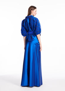 TAFFETA BLOUSE WITH DELICATE FLOWER PUFF SLEEVES ROYAL