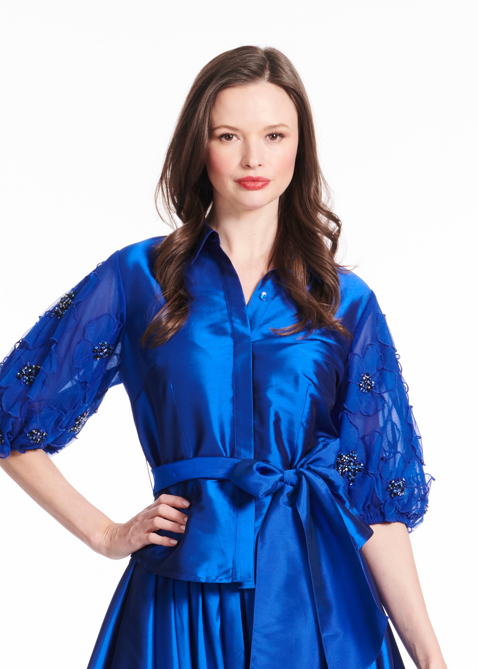 TAFFETA BLOUSE WITH DELICATE FLOWER PUFF SLEEVES ROYAL