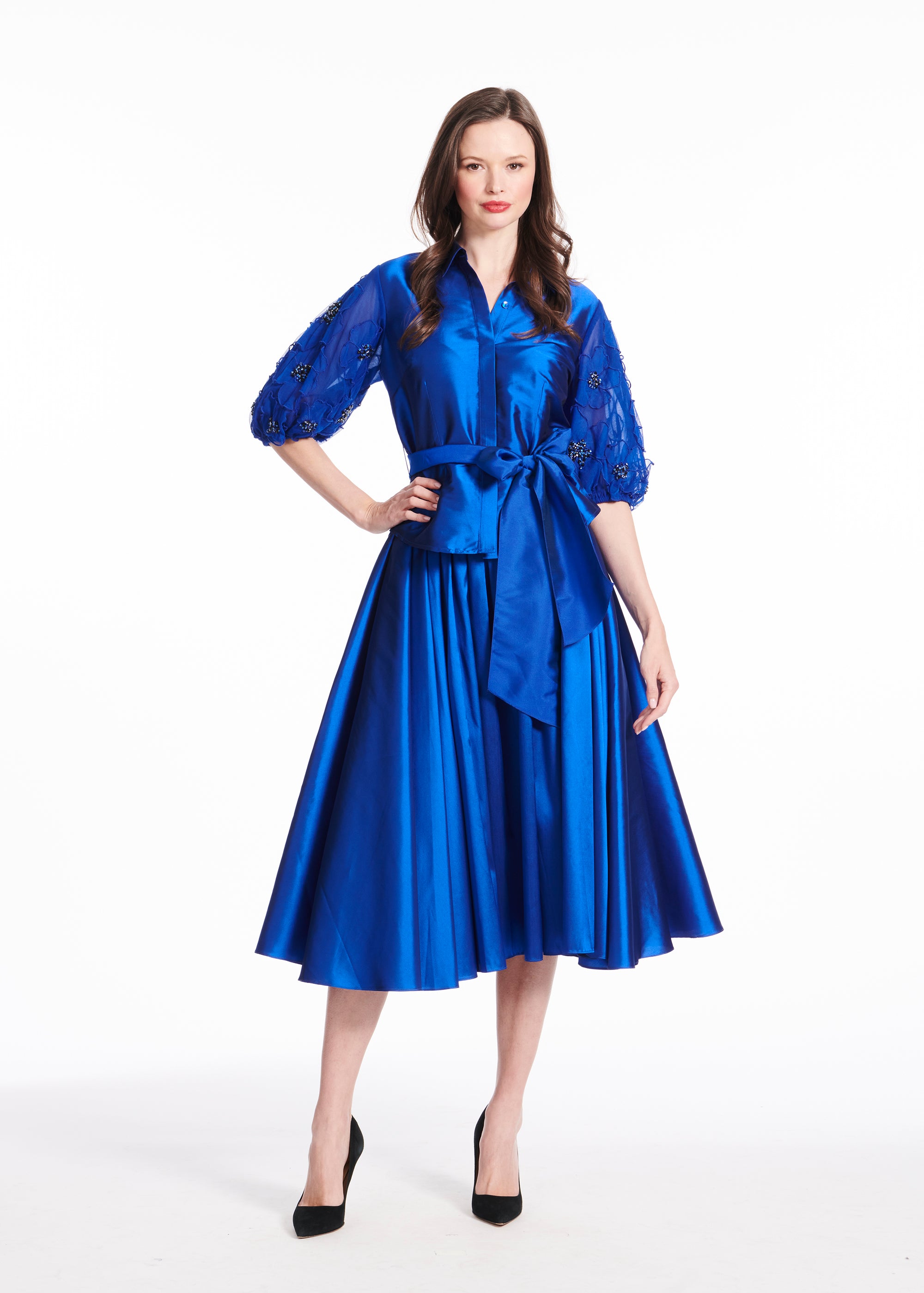 TAFFETA BLOUSE WITH DELICATE FLOWER PUFF SLEEVES ROYAL