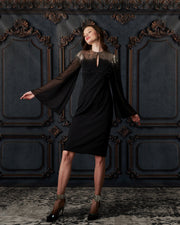 STRETCH CREPE DRESS WITH CHIFFON SLEEVES AND NIGHT SKY BEADING