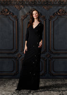 STRETCH CREPE VNECK GOWN WITH APPLIQUE FLOWERS ROYAL
