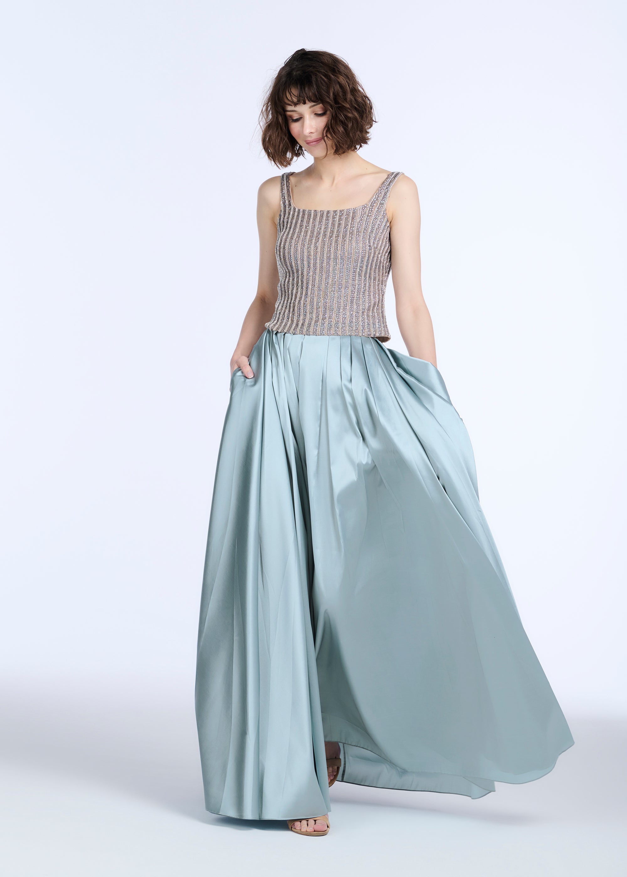 PLEATED SOFT TAFFETA BALLGOWN SKIRT LIGHT BLUE