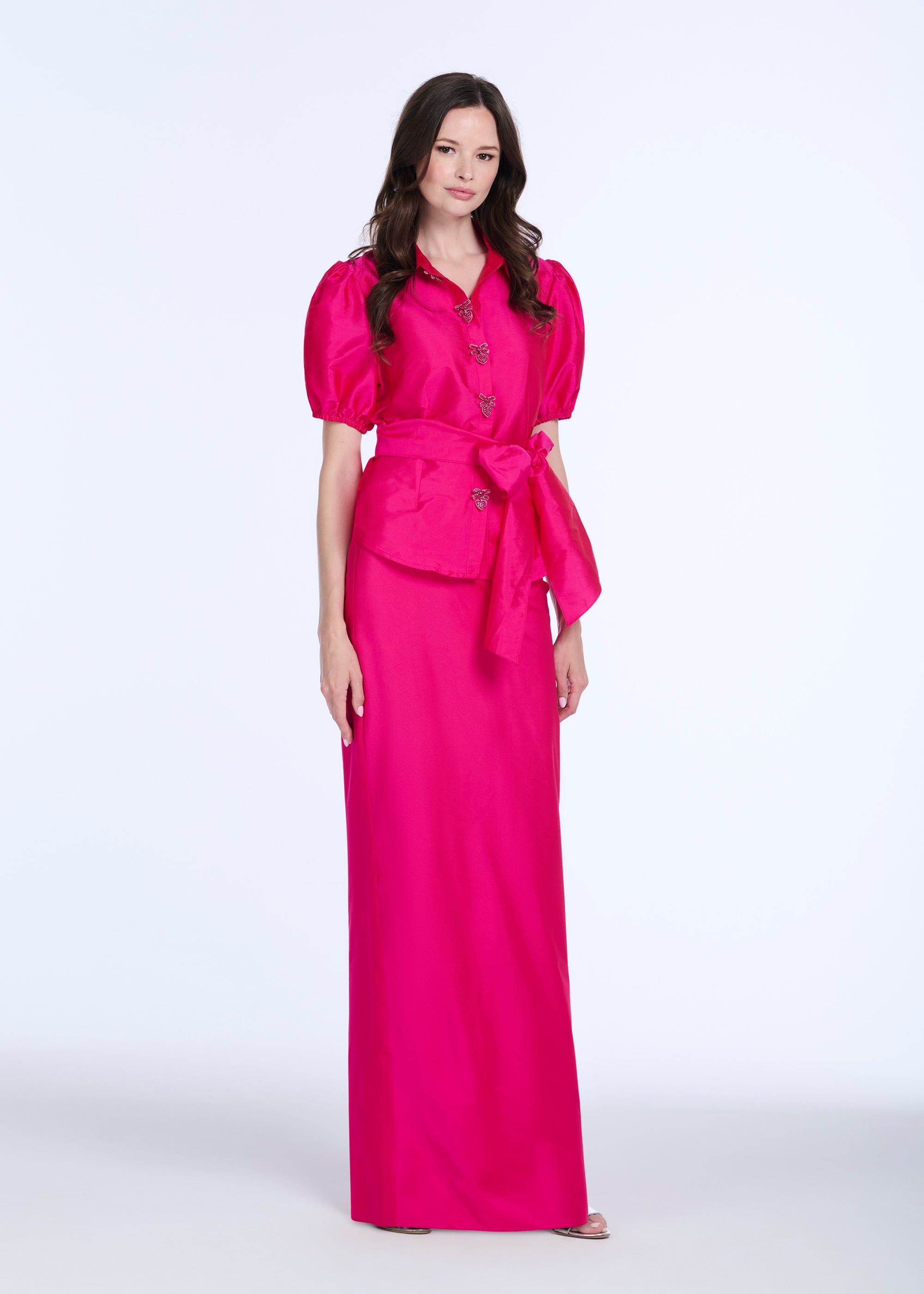 TAFFETA PUFF SLEEVE BLOUSE WITH CRYSTAL LOCKET HEART BUTTONS WATERMELON