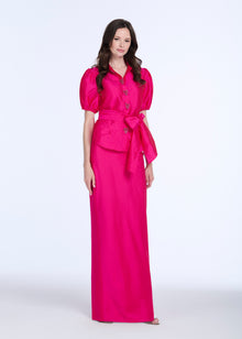 TAFFETA PUFF SLEEVE BLOUSE WITH CRYSTAL LOCKET HEART BUTTONS WATERMELON