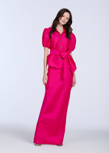 TAFFETA PUFF SLEEVE BLOUSE WITH CRYSTAL LOCKET HEART BUTTONS WATERMELON