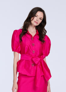 TAFFETA PUFF SLEEVE BLOUSE WITH CRYSTAL LOCKET HEART BUTTONS WATERMELON