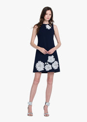 SLEEVELESS STRETCH CREPE DRESS WITH FLOWER APPLIQUE BLACK/IVORY