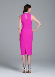 BRAIDED CRYSTAL MOCK NECK MIDI DRESS HOT PINK