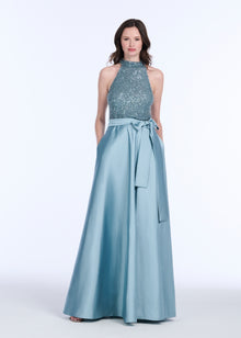 GLASS STRETCH BEAD MOCK NECK GOWN WITH TAFFETA SKIRT LIGHT BLUE