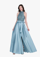 GLASS STRETCH BEAD MOCK NECK GOWN WITH TAFFETA SKIRT LIGHT BLUE