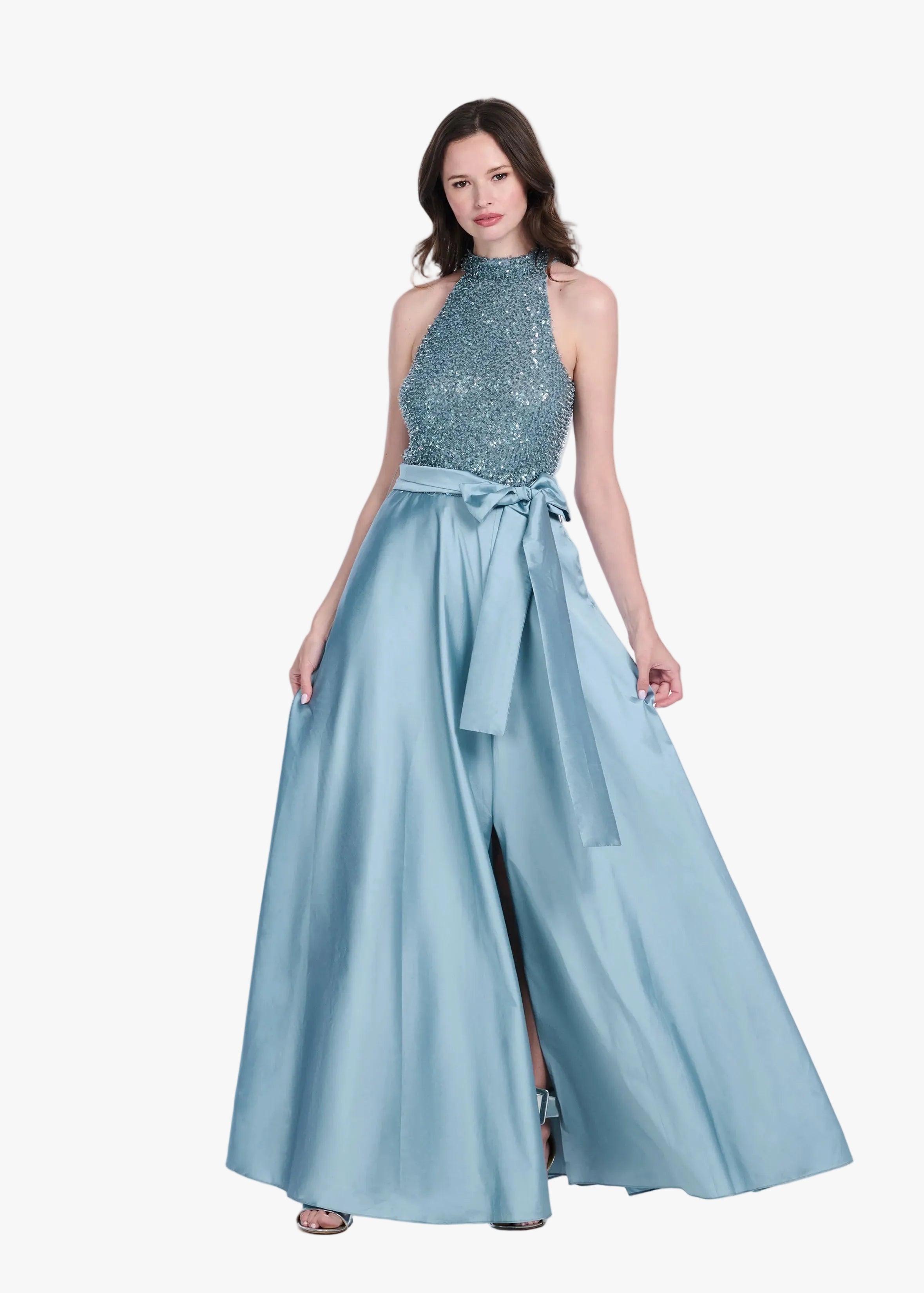 GLASS STRETCH BEAD MOCK NECK GOWN WITH TAFFETA SKIRT LIGHT BLUE