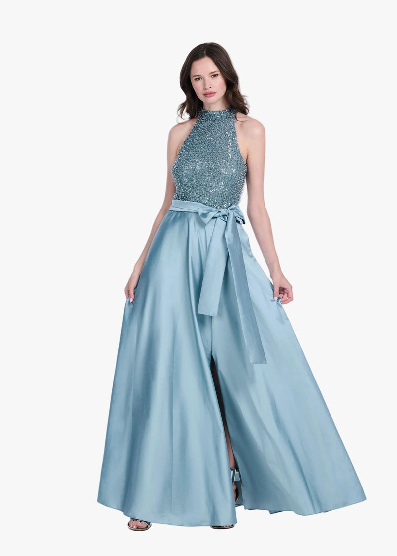 GLASS STRETCH BEAD MOCK NECK GOWN WITH TAFFETA SKIRT LIGHT BLUE