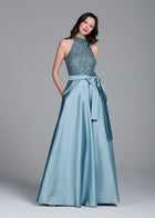 GLASS STRETCH BEAD MOCK NECK GOWN WITH TAFFETA SKIRT LIGHT BLUE