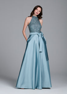 GLASS STRETCH BEAD MOCK NECK GOWN WITH TAFFETA SKIRT LIGHT BLUE