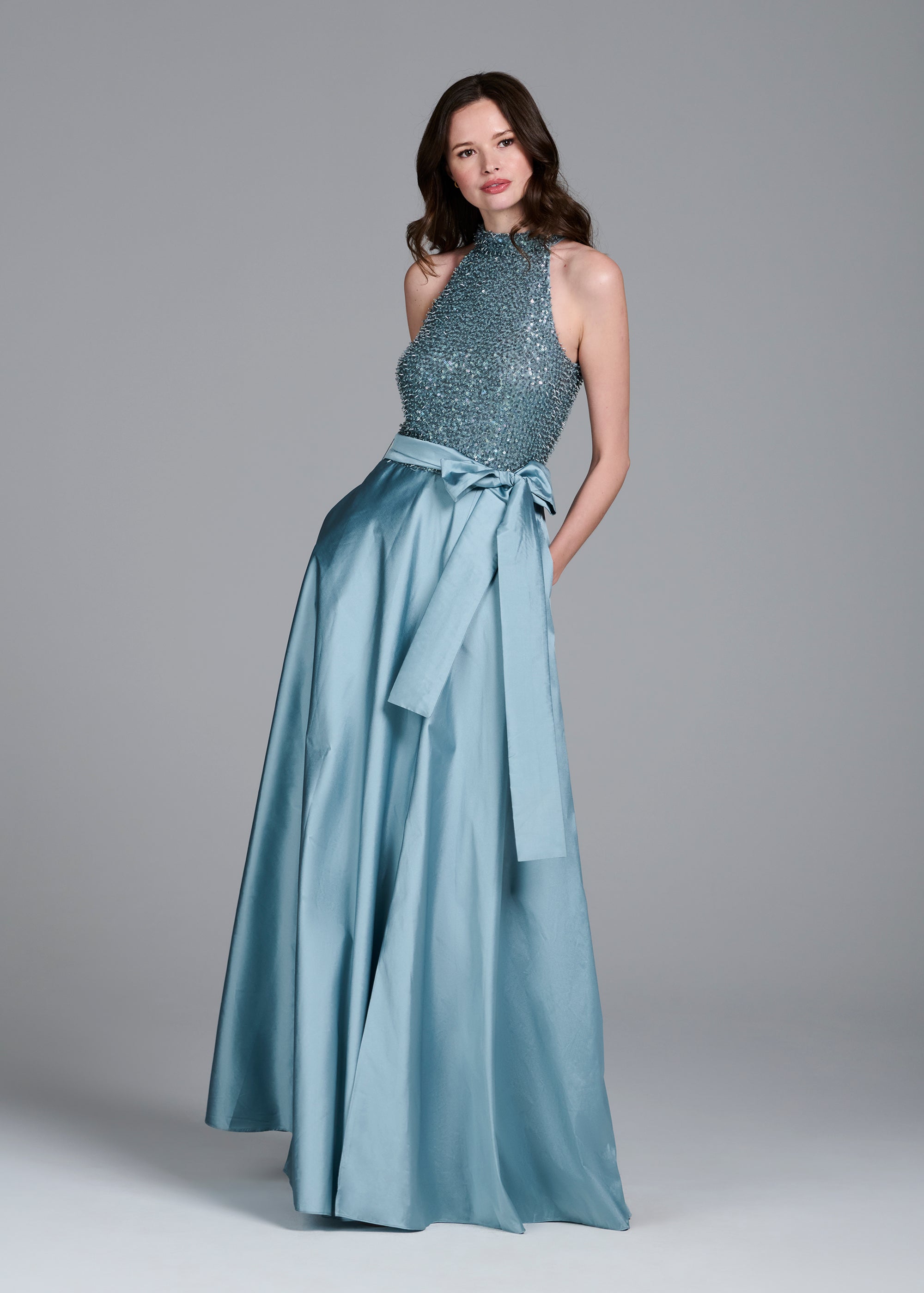 GLASS STRETCH BEAD MOCK NECK GOWN WITH TAFFETA SKIRT LIGHT BLUE