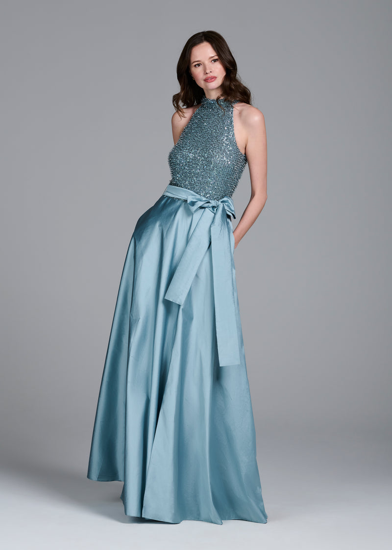 GLASS STRETCH BEAD MOCK NECK GOWN WITH TAFFETA SKIRT LIGHT BLUE
