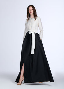 TAFFETA PRINCESS GOWN WITH CRYSTAL BOW COLOR BLOCKED IVORY & BLACK