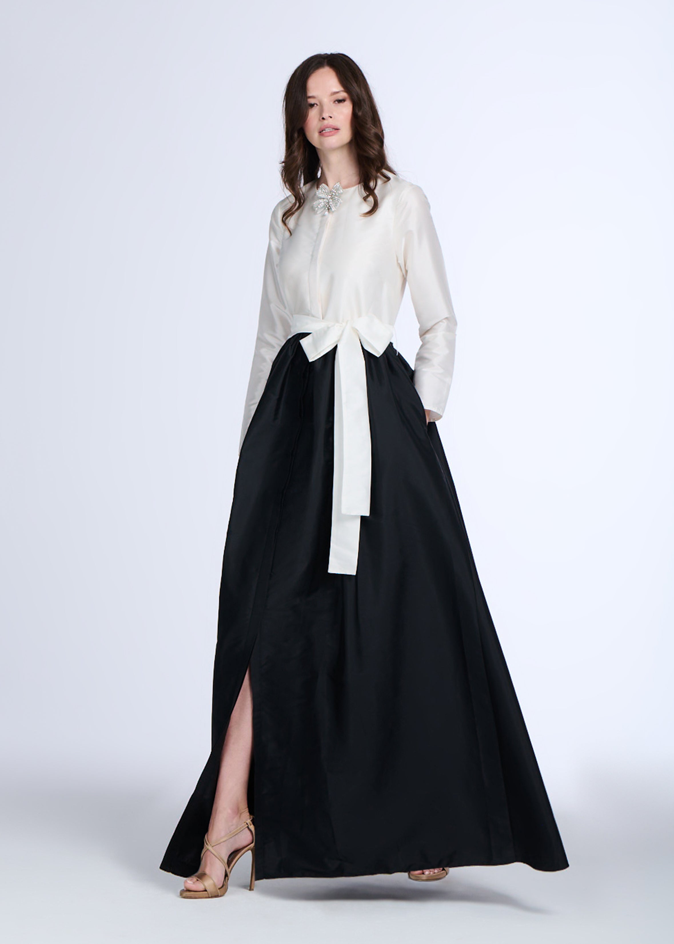 TAFFETA PRINCESS GOWN WITH CRYSTAL BOW COLOR BLOCKED IVORY & BLACK