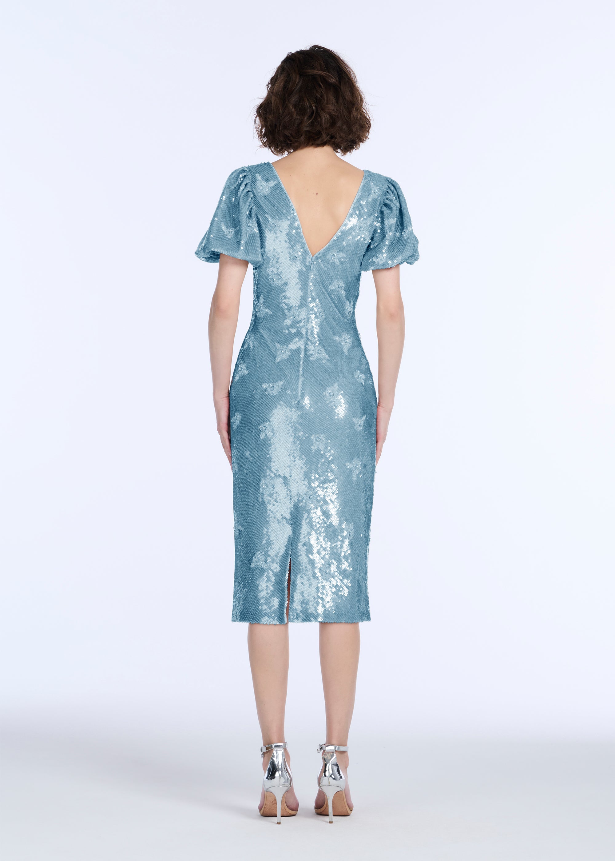STRETCH SEQUIN FLORAL PUFF SLEEVE MIDI DRESS LIGHT BLUE