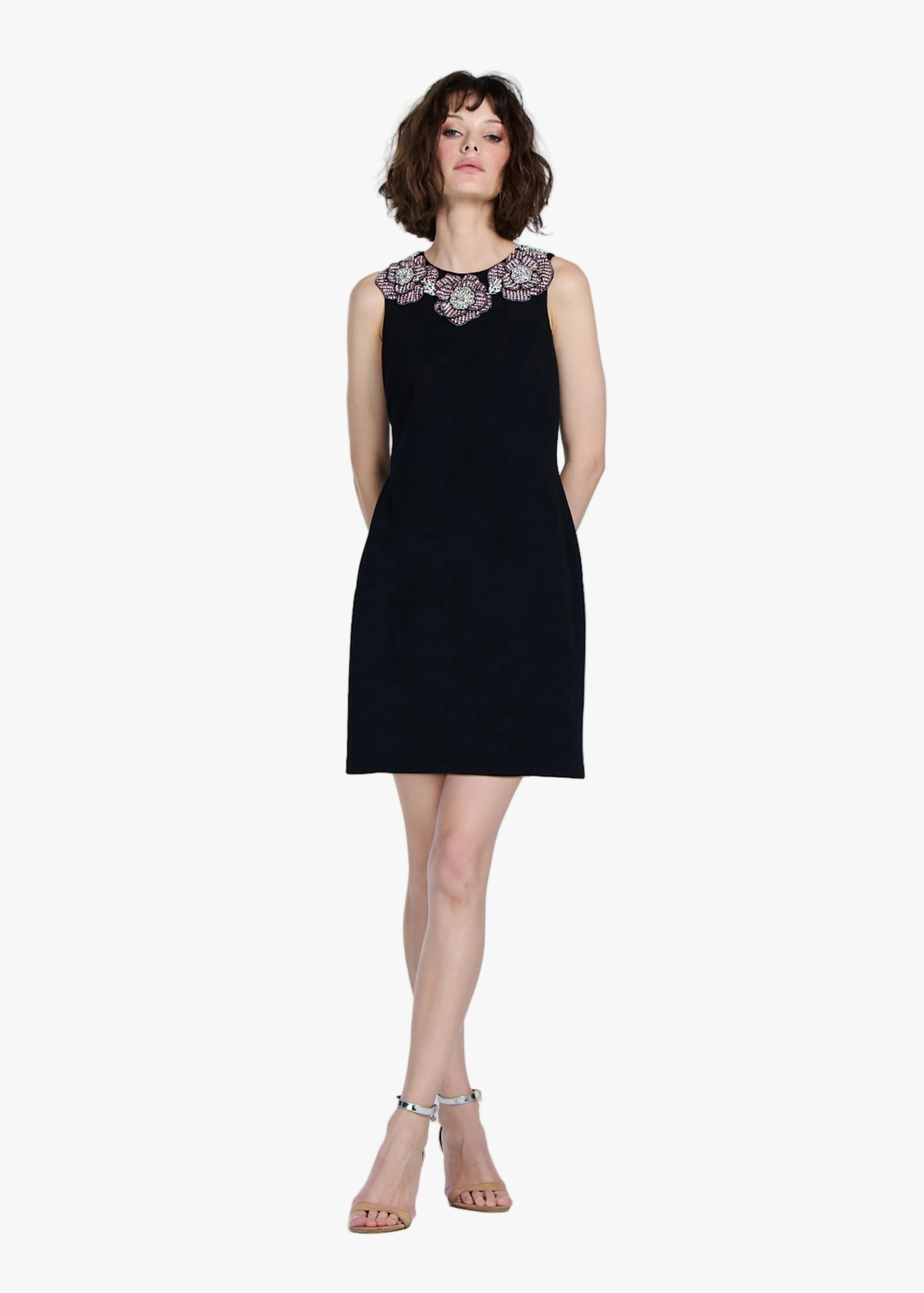 CRYSTAL FLORAL NECK SHIFT DRESS BLACK