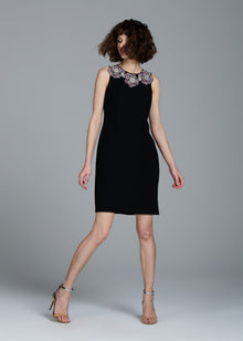 CRYSTAL FLORAL NECK SHIFT DRESS BLACK