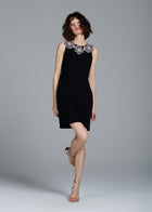 CRYSTAL FLORAL NECK SHIFT DRESS BLACK