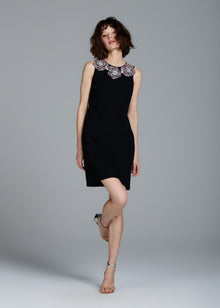 CRYSTAL FLORAL NECK SHIFT DRESS BLACK