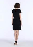 STRETCH CREPE SHORT SLEEVE COCKTAIL DRESS WITH CRYSTAL PEONY BLACK