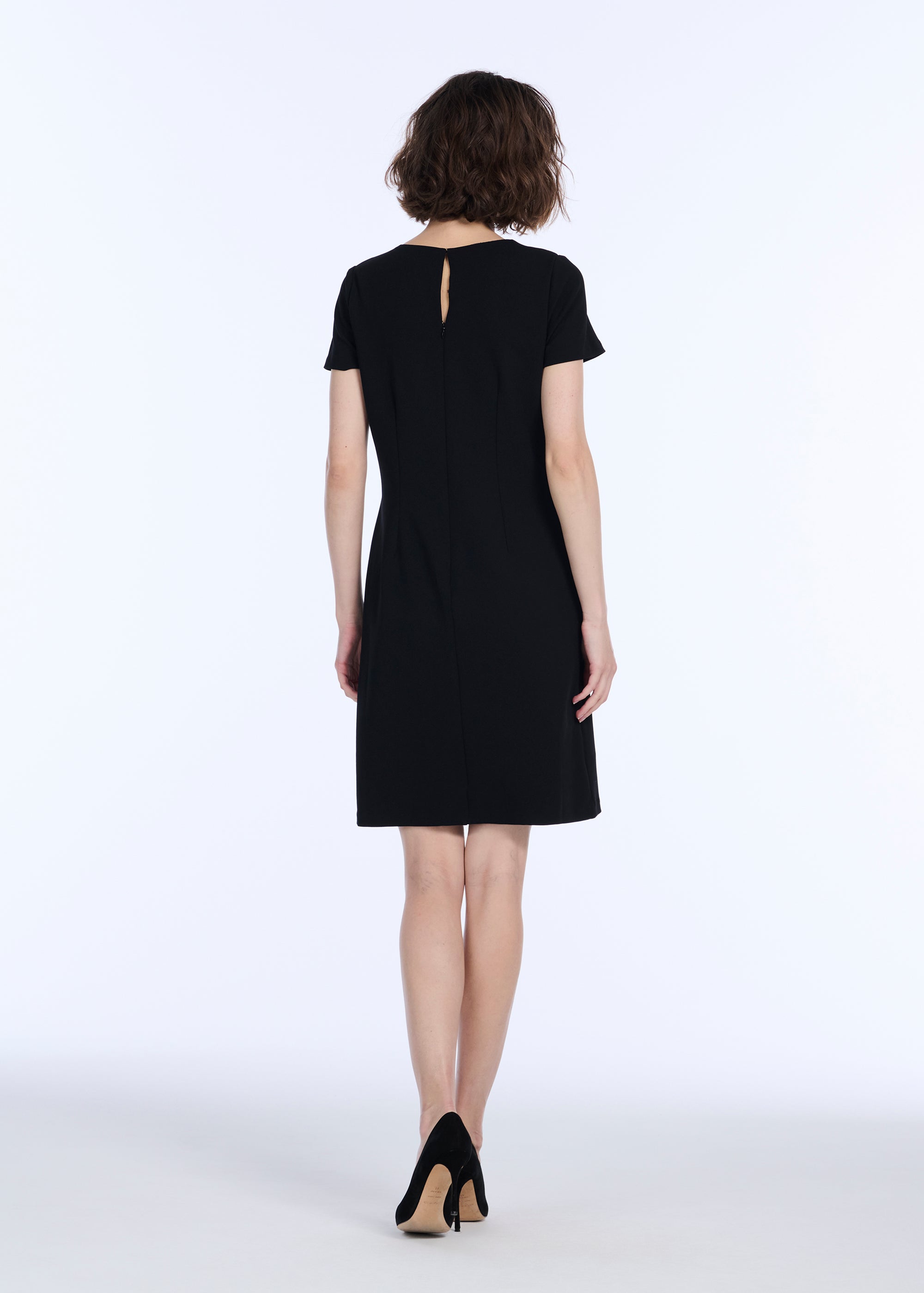 STRETCH CREPE SHORT SLEEVE COCKTAIL DRESS WITH CRYSTAL PEONY BLACK