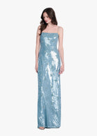 BIAS SEQUIN COLUMN GOWN W GLASS BEADED FLOWERS LIGHT BLUE