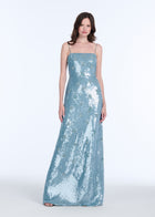 BIAS SEQUIN COLUMN GOWN W GLASS BEADED FLOWERS LIGHT BLUE