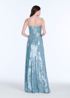 BIAS SEQUIN COLUMN GOWN W GLASS BEADED FLOWERS LIGHT BLUE