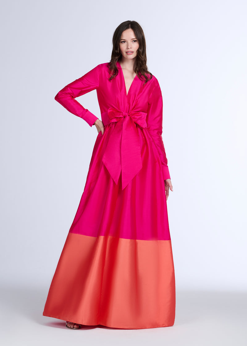 TAFFETA COLOR BLOCKED WRAP GOWN