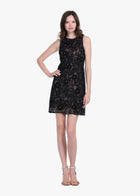 LACE APPLIQUE SHIFT DRESS WITH CHIFFON SOUTACHE AND CRYSTALS BLACK