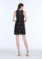 LACE APPLIQUE SHIFT DRESS WITH CHIFFON SOUTACHE AND CRYSTALS BLACK